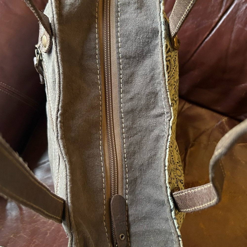 Myra Bag Cowhide, Leather and canvas tote Brown and turquoise Patterned Tote - Picture 5 of 9
